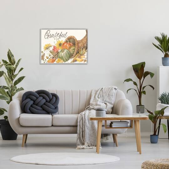 Stupell Industries Grateful Sentiment Autumn Harvest Cornucopia Pumpkins Framed Giclee Art